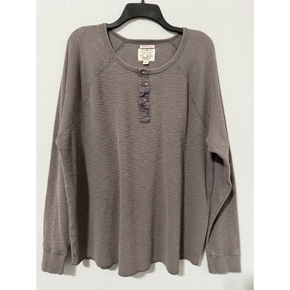 Lucky‎ Brand Mens XXL Lived In Thermal Henley Waffle Knit Shirt Gray Long Sleeve